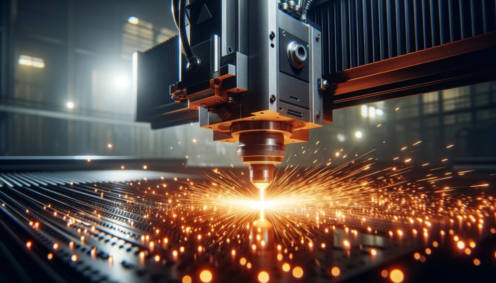 dall·e 2024 03 13 19.36.11 an image of a modern industrial laser cutting machine at work creating intense bright orange sparks as it precisely cuts through a metal surface. th